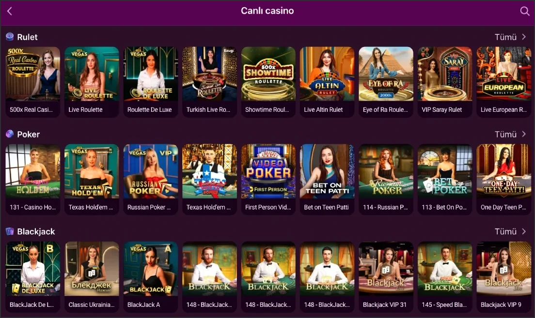 Luks Casino live casino lobby with Roulette, Poker and Blackjack table rows and thumbnails